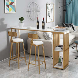 北欧靠墙吧台桌家用简易小长方形餐桌大理石高脚长窄条桌子椅组合