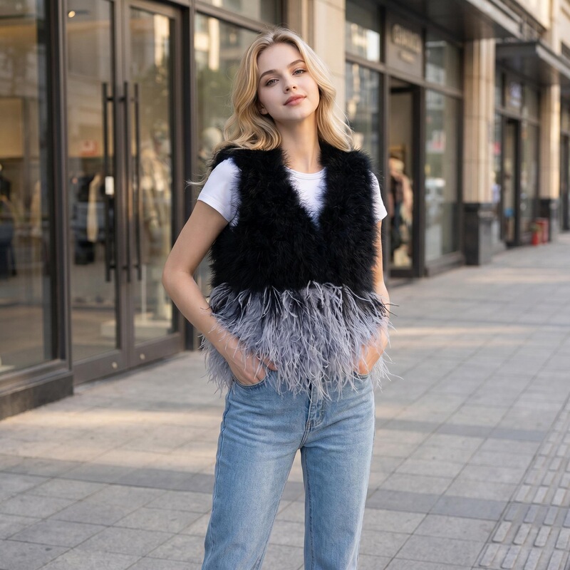 60cm Long Foreign Trade Cross-Border Loose Vest European and American Style Genuine Fur Feather Turkey Feather Ostrich Feather Women's Mid-Length Vest
