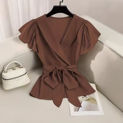 European and American Women's Fashion French V-Neck Top with Ruffles, Tie-Waist Blouse, Small Flutter Sleeves, Brown Shirt, Overseas Warehouse European and American Women's Fashion French V-Neck Top with Ruffles, Tie-Waist Blouse, Small Flutter Sleeves, Brown Shirt, Overseas Warehouse