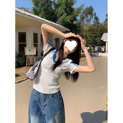 ホットガールホワイトステッチVネックリボン刺繍半袖Tシャツレディースサマーショルダーストレッチウエストタイトで美しいトップ