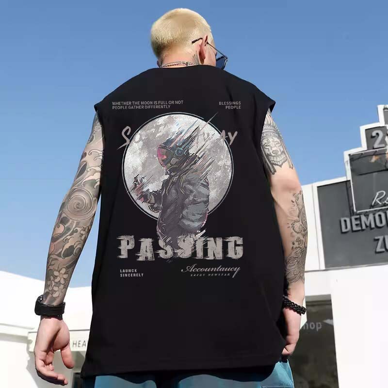 Vest Men's Fashionable American Style Summer plus size Fashionable Brand Sports Waistcoat Outerwear Fat Loose Astronaut Sleeveless T-shirt