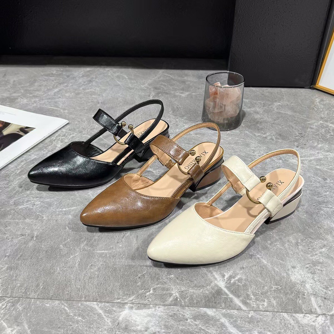 Sandal cao gót nữ mũi nhọn da thật, gót vuông 5 cm, quai ngang hở gót — Kaki-cao gót 5 cm chi tiết 11