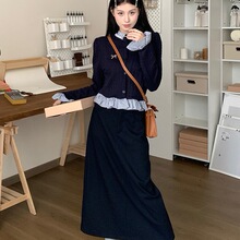 条纹拼接法式气质长袖针织开衫长款半身裙女秋季2025新款时尚套装