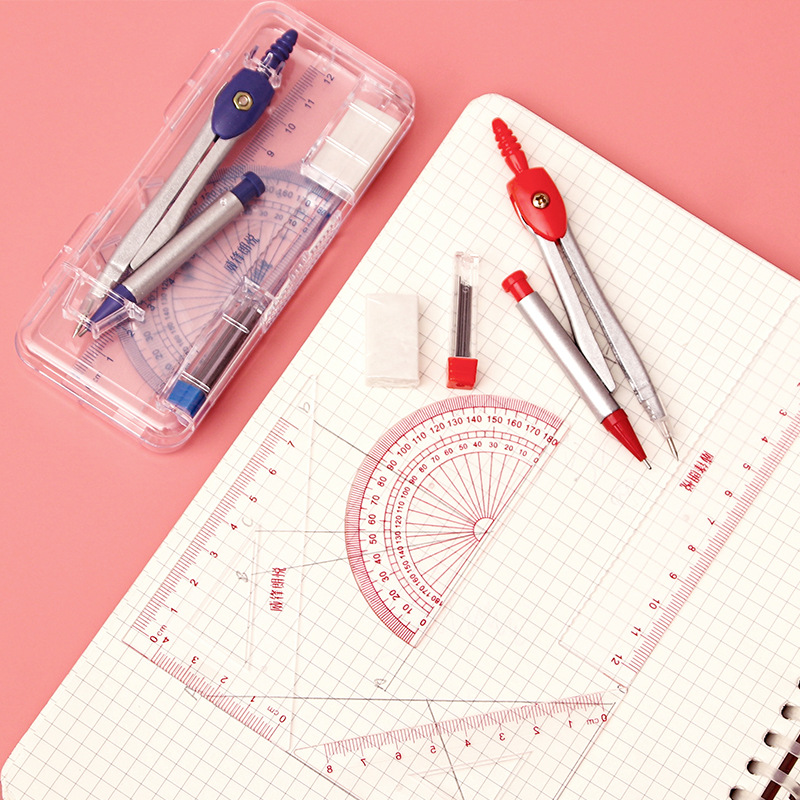 Student Exam Portable Compass Set Small Student Ruler 7-Piece Math Drawing Tools Drafting Straightedge Wholesale