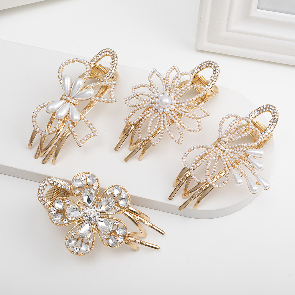 Plating, Inlay Design Fashion Style Fashion Flower Bow Knot Metal Plating Inlay Rhinestones Pearl Hair Clip 1 Piece