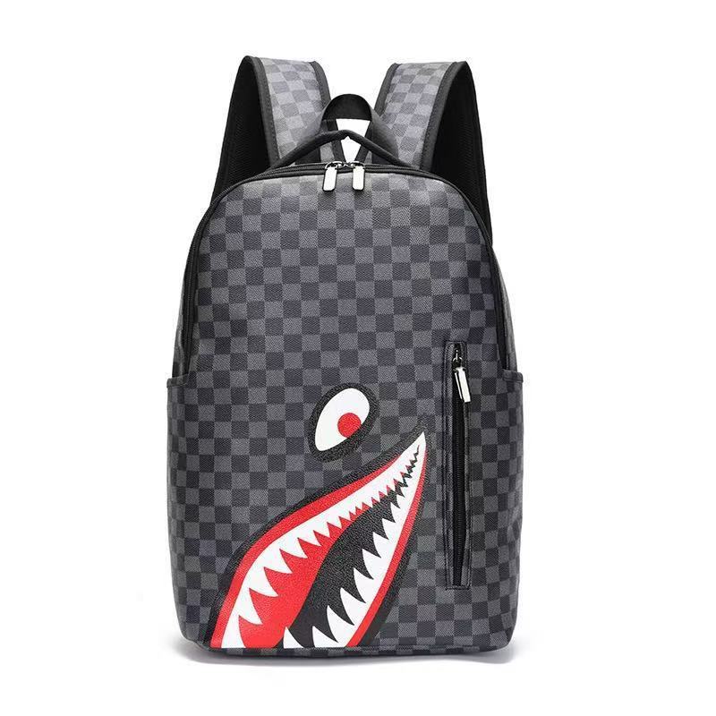 新しいシンプルな個性ファッションサメバックパックメンズバックパックチェック柄高校生大学生バッグコンピュータバックパック|undefined