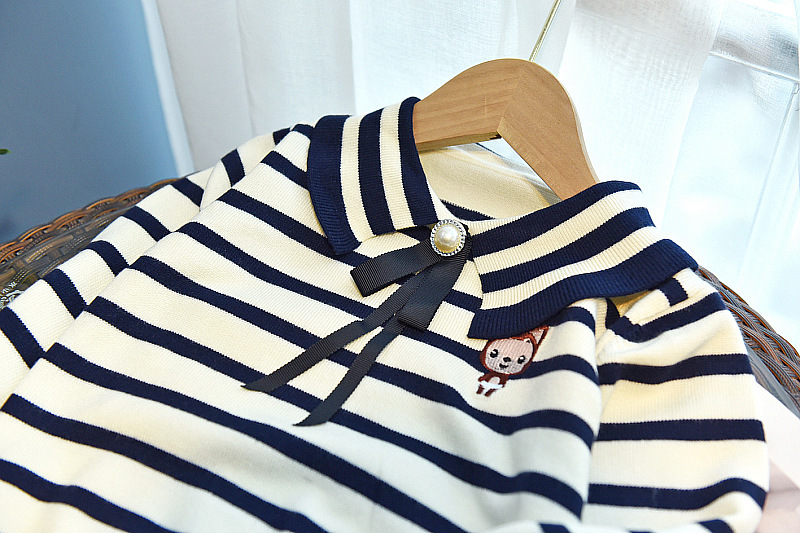 Pull à rayures bleu marine pour filles, ensemble plissé, col polo tricoté, pull avec nœud, jupe courte, YB213_voghion.com