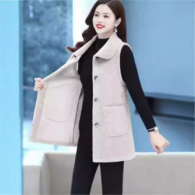 Mid‑length sleeveless vest, spring long jacket, button front with pockets, sizes XL–5XL
