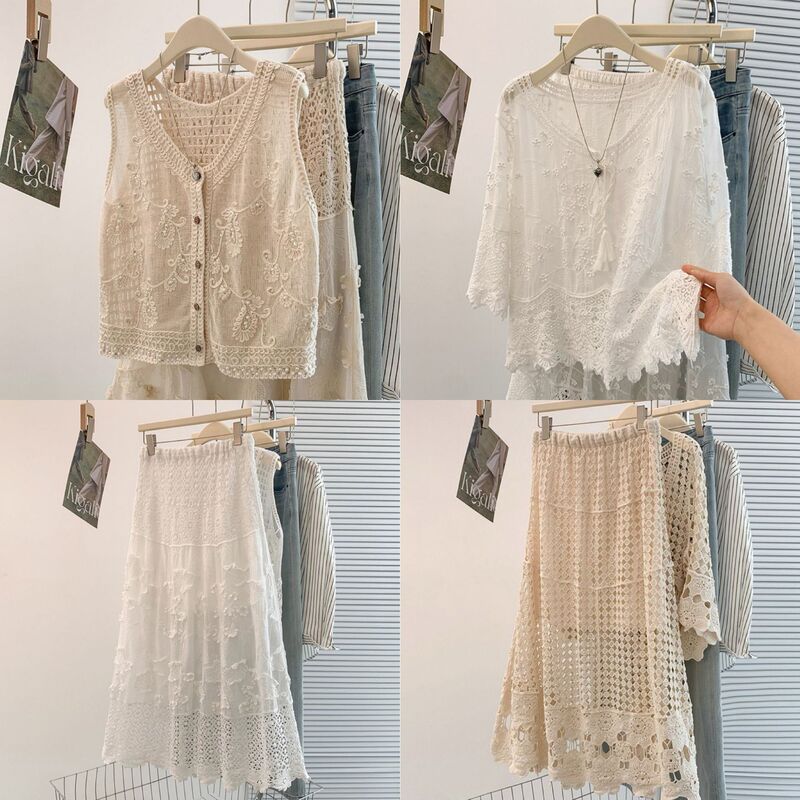 Crochet Hollow V-Neck Lace Knit Top with Tie, Loose and Slimming, Sun-Protective Cover-Up, Vacation Knit Skirt for Women Crochet Hollow V-Neck Lace Knit Top with Tie, Loose and Slimming, Sun-Protective Cover-Up, Vacation Knit Skirt for Women