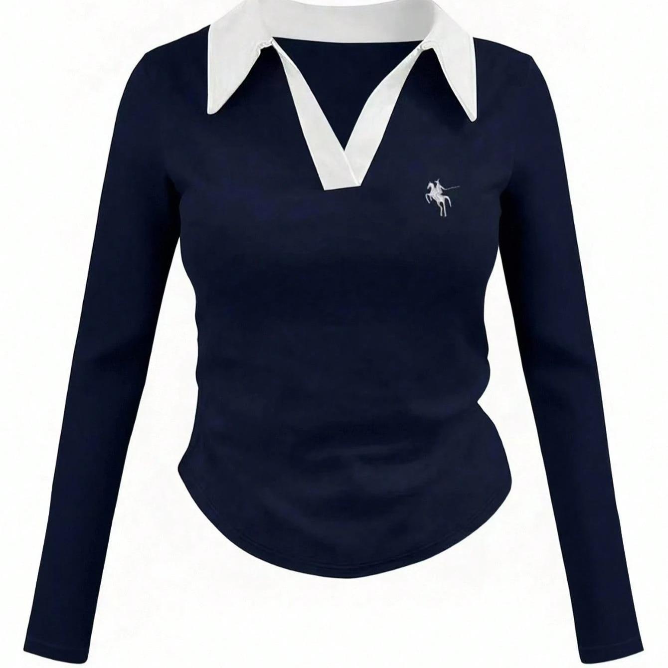 Women's Slim Fit Long Sleeve Polo Shirt Embroidered Knight Design Casual Versatile Top for Fall_ecoleips.com