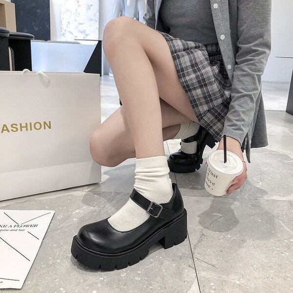 Demi-season universal Mary Jane shoes platform English style heels