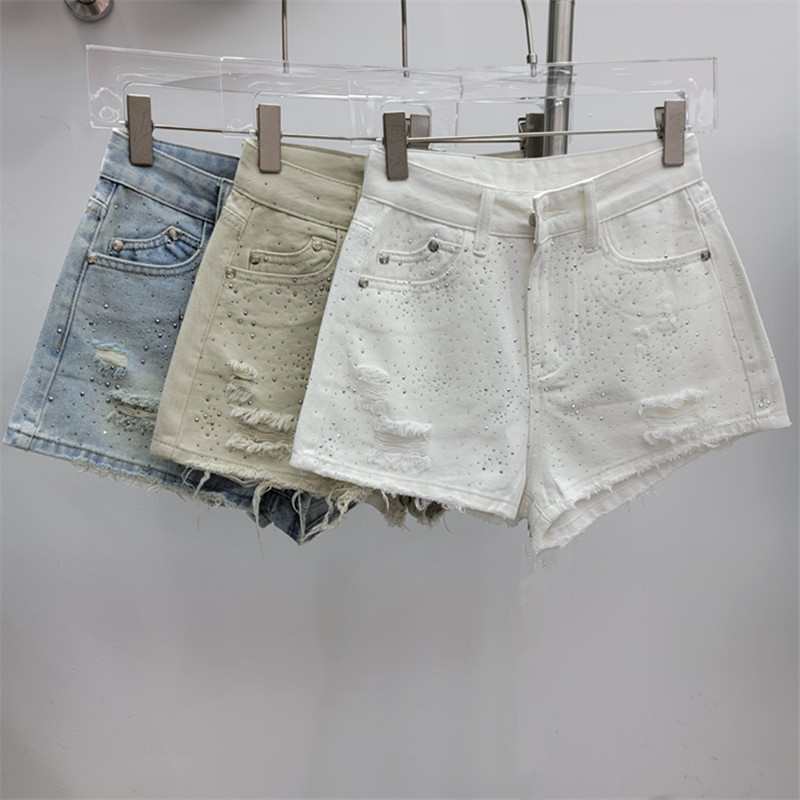 Shorts Vaqueros con Pedrería de Poliéster y Mezclilla Con Pedrería, De Cintura Baja