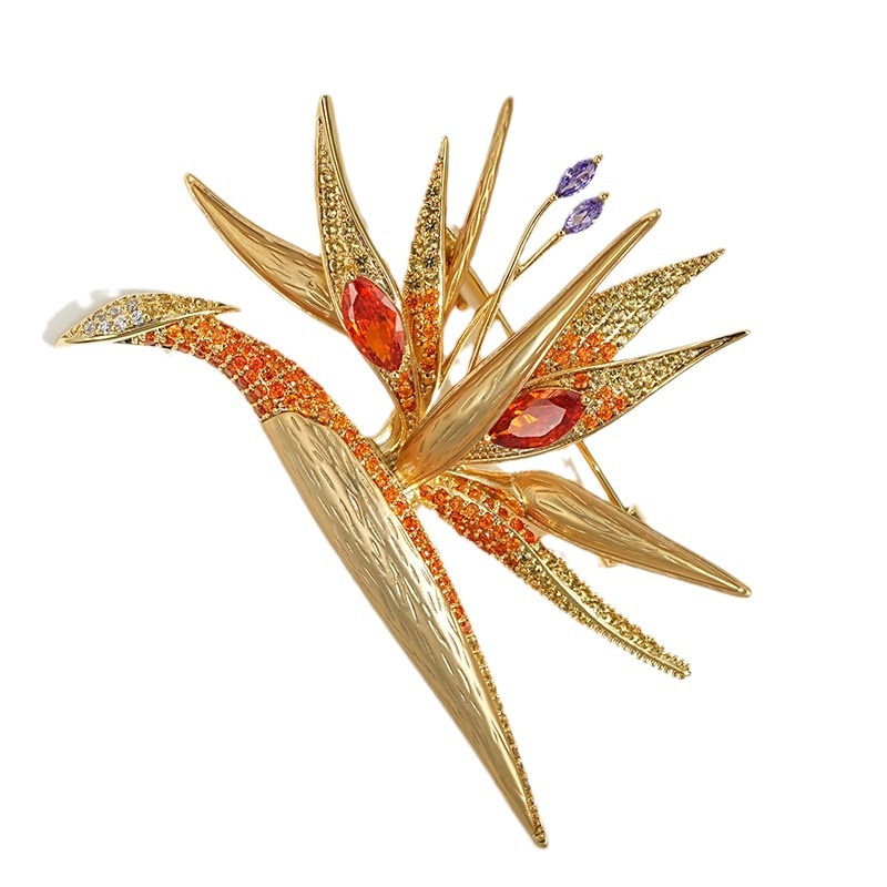Neue chinesische Paradiesvogel-Blumen-Paradiesvogel-Brosche, Kupfer-Zirkon-Design, Mantel-Brosche_voghion.com