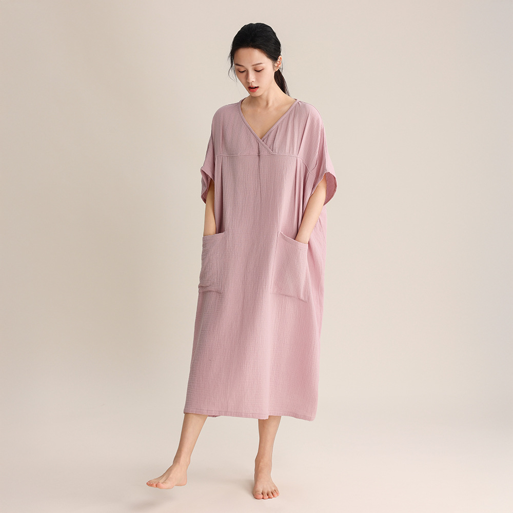 Cross-Border Ready-Made Crepe Nightdress Japanese Style Pajamas Cotton Gauze Plus-Size Loungewear Unprinted Double-Layer Gauze V-Neck Women's Spring and Summer