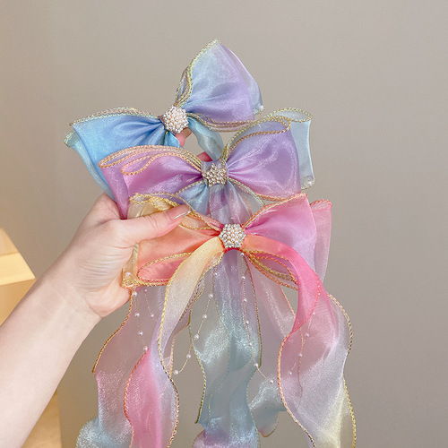 Children's bow braided hairpins for girls with hair tied little girls hairbands princess long streamer hairpins girls head flower hair accessories