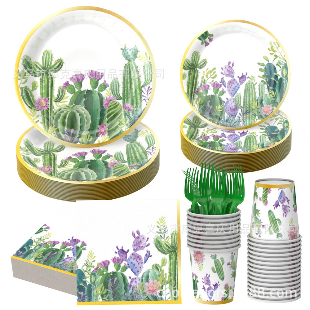 Nuevo cactus de verano, bandeja de papel carnoso, taza de papel, juego de vajilla de toallas de papel, artículos de decoración de fiesta mexicana