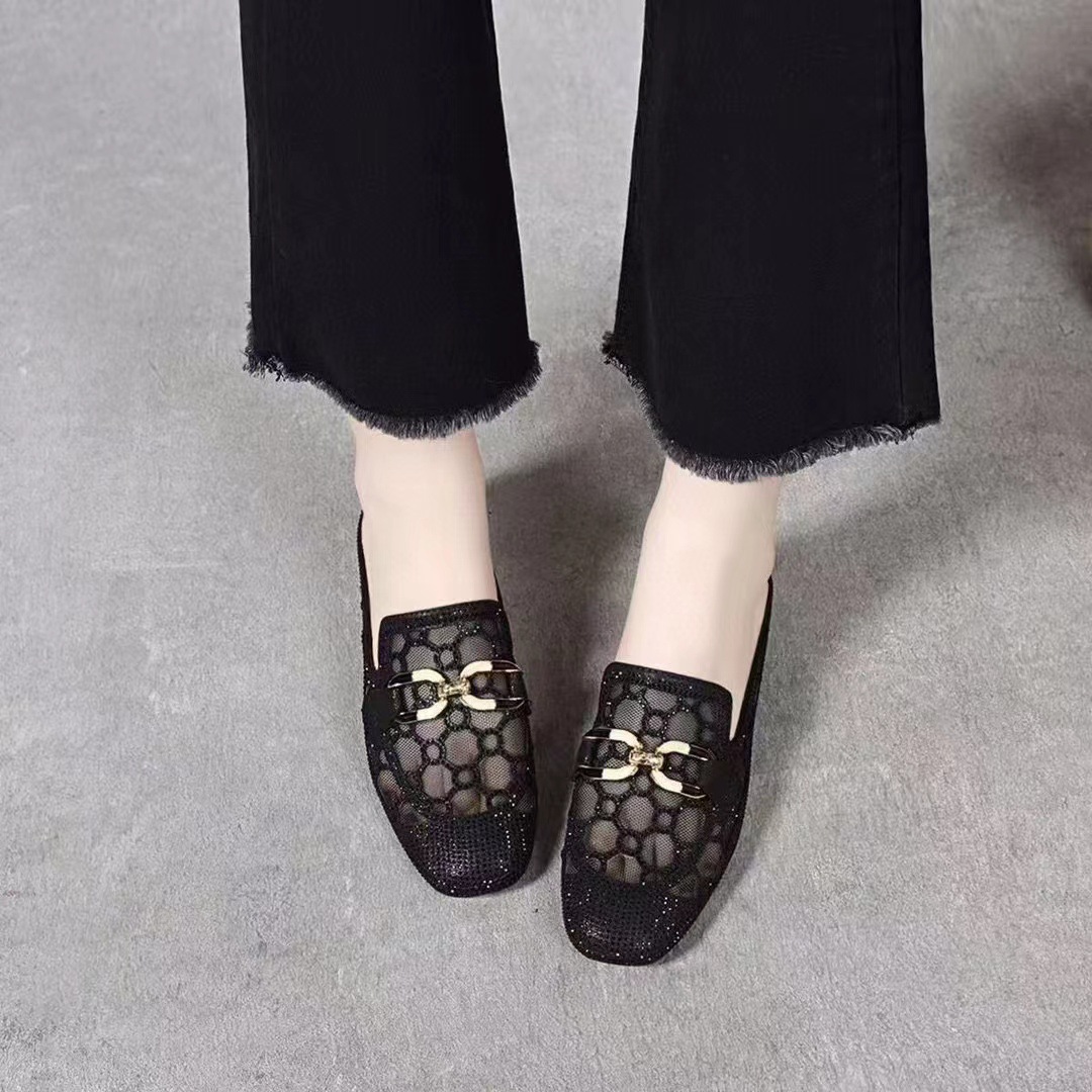 Dép sandal nữ quai ngang lưới mũi vuông gót thấp kiểu Anh thoáng khí — đen