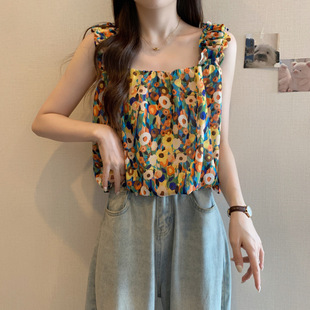2025 New French Oil Painting Style Floral Pleated Texture Short Loose One-Line Collar Camisole A4989