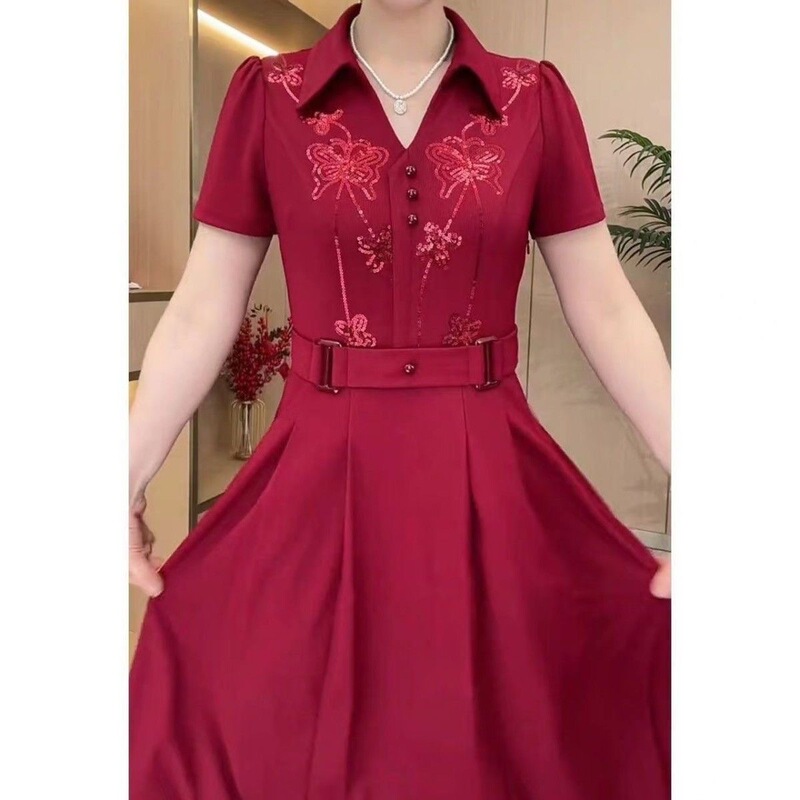 Trendy Dress 2026 New Summer Fashion Plus Size Sequin Polo Collar High Waist Slimming Mid-Length Women's Dress