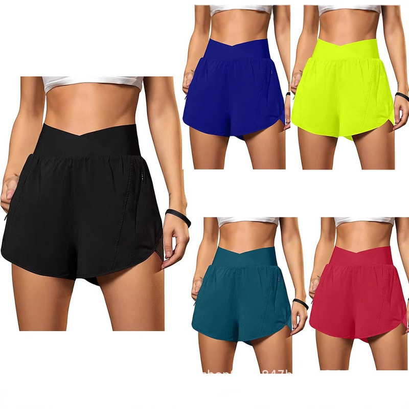 Cross-Border Women's Sports Shorts, Sports Running Casual Pants, Cross High-Waisted Sports Shorts with Zipper Pocket Lining