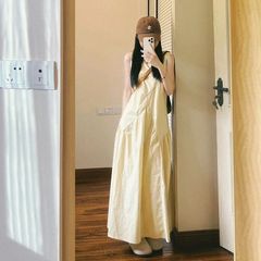クロスボーダーグースイエロードレス、優しいスタイル、ロングスカート、プリーツデザイン、ノースリーブベストロングスカート