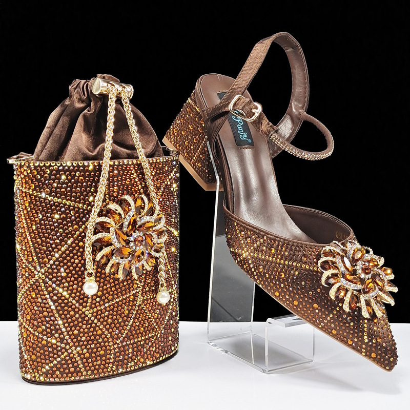 Chunky Heel Full Diamond Floral Women's Shoes with Matching Drawstring Chain Evening Bag, European and American Middle Eastern Shoe and Bag Set, Cross-Border Supply