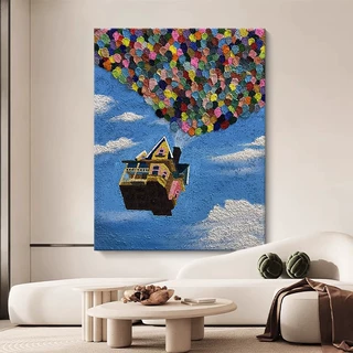 飞屋环游记手绘油画儿童房玄关小众艺术挂画客厅沙发背景墙装饰画