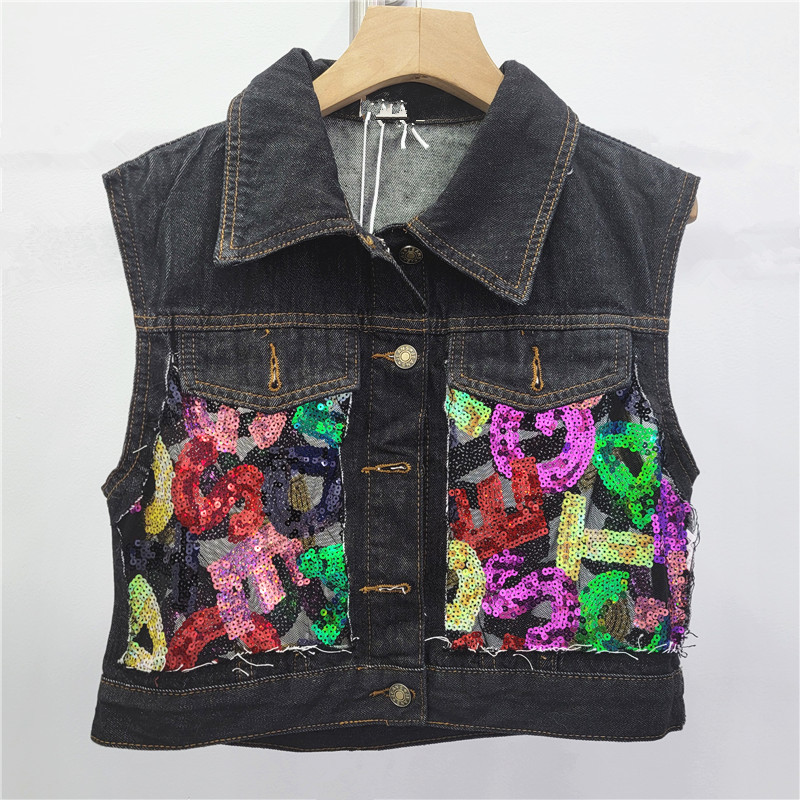 Heavy-duty bordado sequinilla empalme chaleco de vaquero mujer corto sin mangas chaleco de hombro chaleco de abrazadera