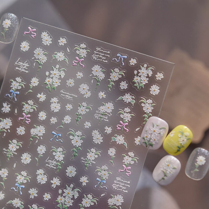 Tomoni Nail Art Embossed Style Ins Style Simple and Versatile Daisy Flower Hand-Painted Elegant Flower Nail Stickers