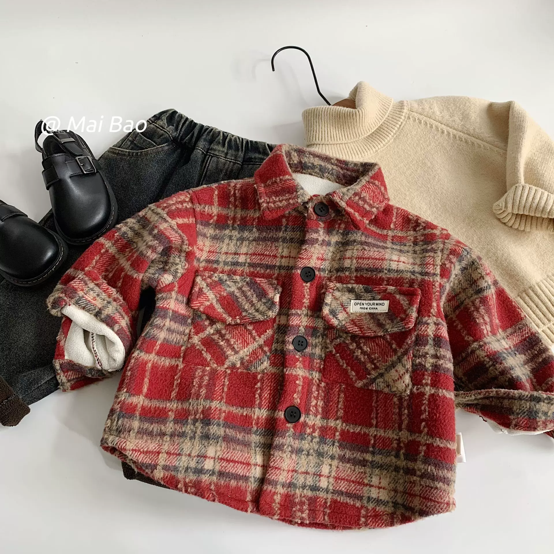 麦宝儿童加绒衬衫2025冬季新款韩版男童加厚格子衬衣湖州织里童装
