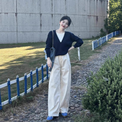 高级感蓝色假两件毛衣长袖针织打底衫女秋冬内搭宽松显瘦短款上衣
