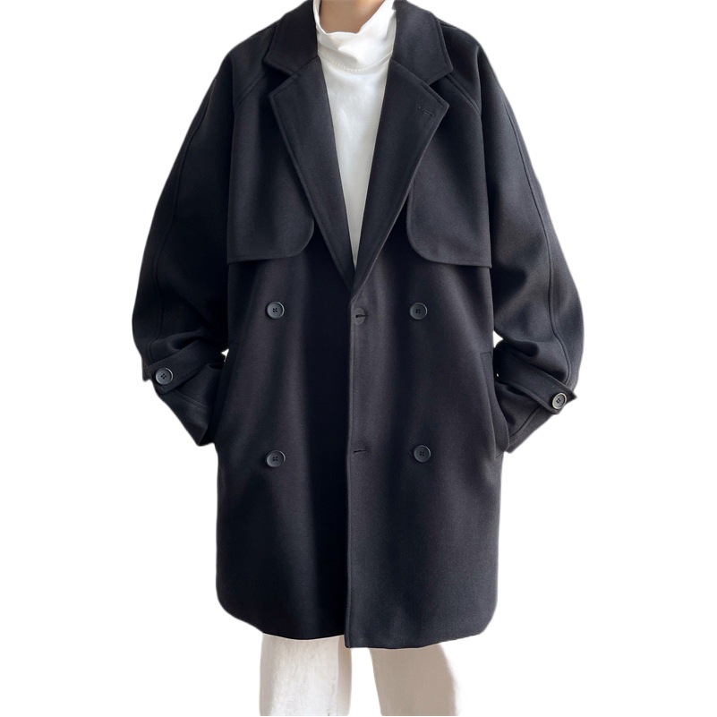 Abrigo de lana de los hombres de moda ins Otoño e Invierno suelta estilo británico Yupi trench coat de lana de moda engrosada abrigo de longitud media