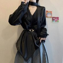 醋酸缎面飘带领长袖衬衫早秋2025新款大码女装胖收腰上衣