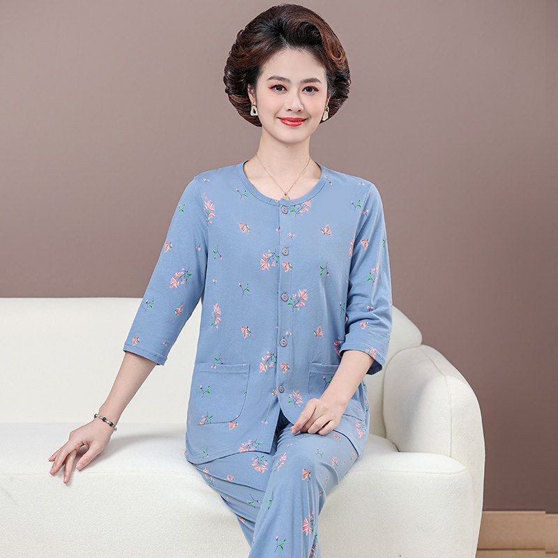 Cross-Border Hot-Selling Pajamas for Middle-Aged and Elderly Women, Summer Round-Neck Long Pants, Plus-Size Home Wear, Imitation Cotton Set, Bulk Purchase Discount