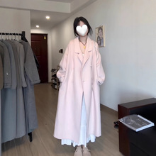 反季粉色呢子大衣女2025新款春夏毛呢外套感小个子中长款