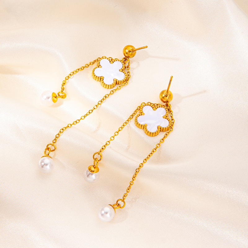 summer long earrings pearl stainless steel with tassels
