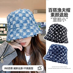 韩系新款秋季复古棋盘格渔夫帽子女高级感氛围感大头围显脸小盆帽