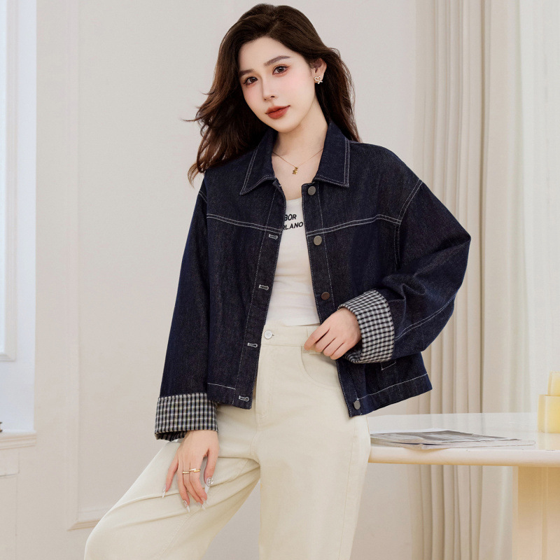 Autumn Retro Plaid Patchwork Cuff Denim Short Jacket, New Women's Long Sleeve Drop Shoulder Loose Casual Jacket Top