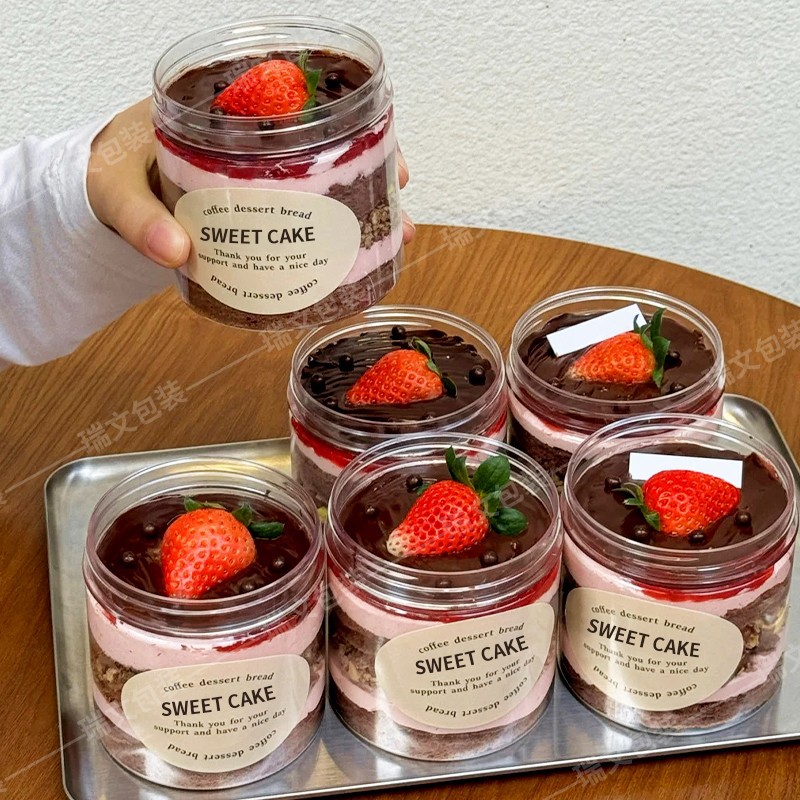 Şəffaf plastik desert və tort qabı, qapaqlı banka