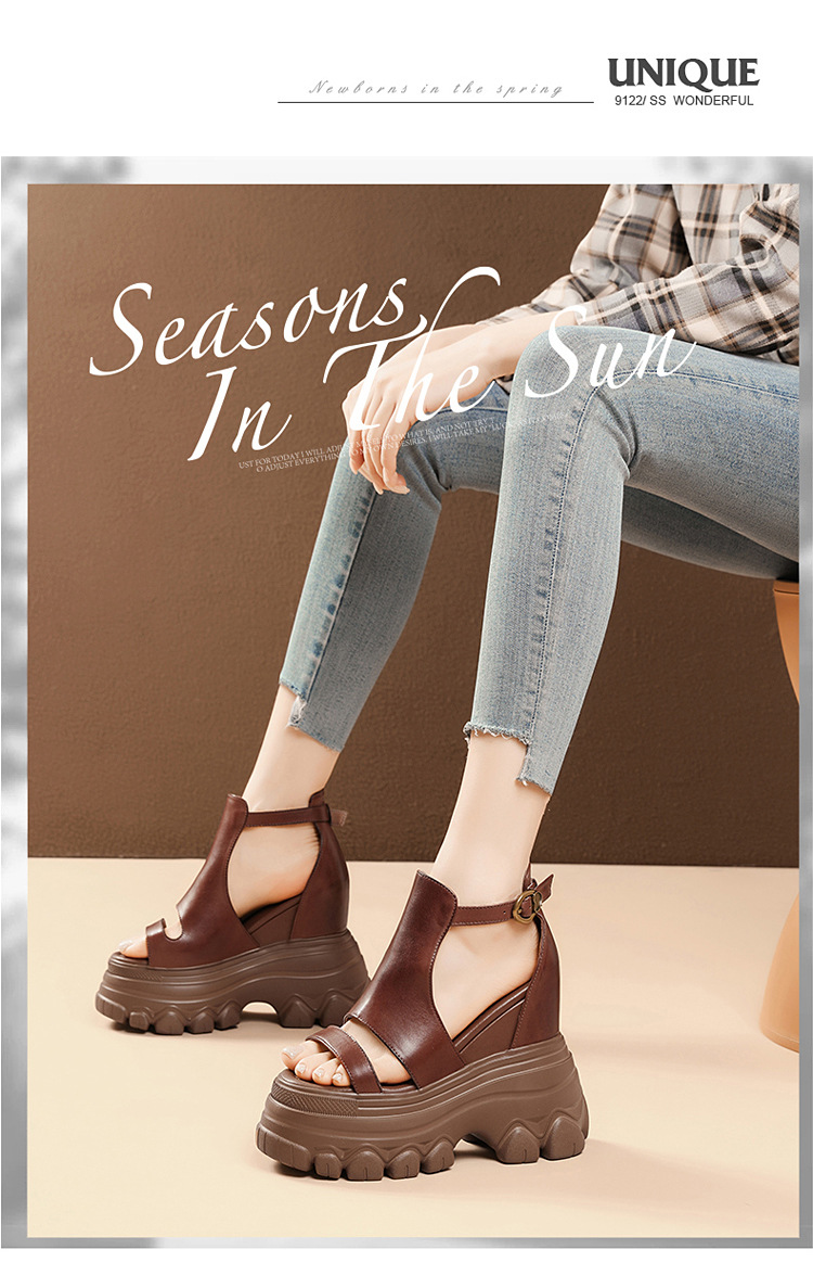 Giày sandal cao gót nữ hở mũi phong cách La Mã, đế xuồng cao 14 cm, da thật, gót vuông, quai mảnh — màu nâu, màu đen chi tiết 8