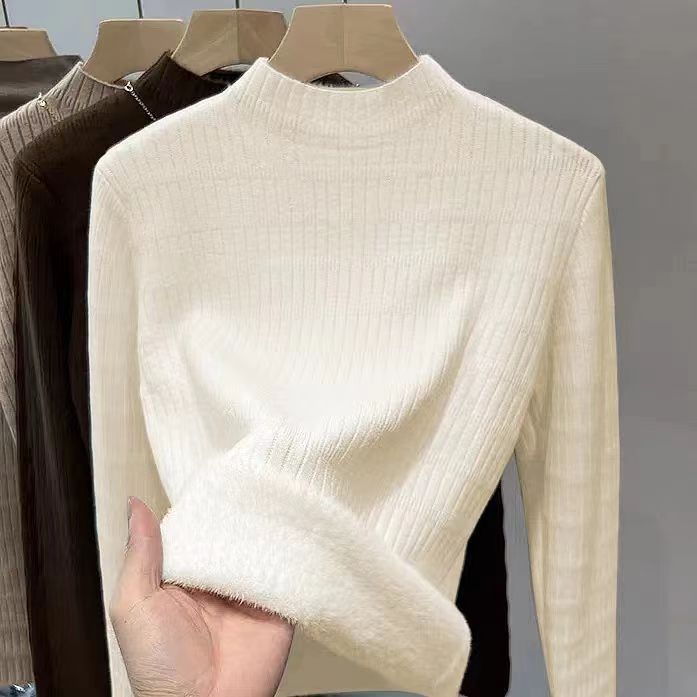 Otoño y invierno nuevo estilo coreano versátil camiseta de base de cuello medio alto con una camiseta de lana de color sólido y suéter de punto de lana para mujeres
