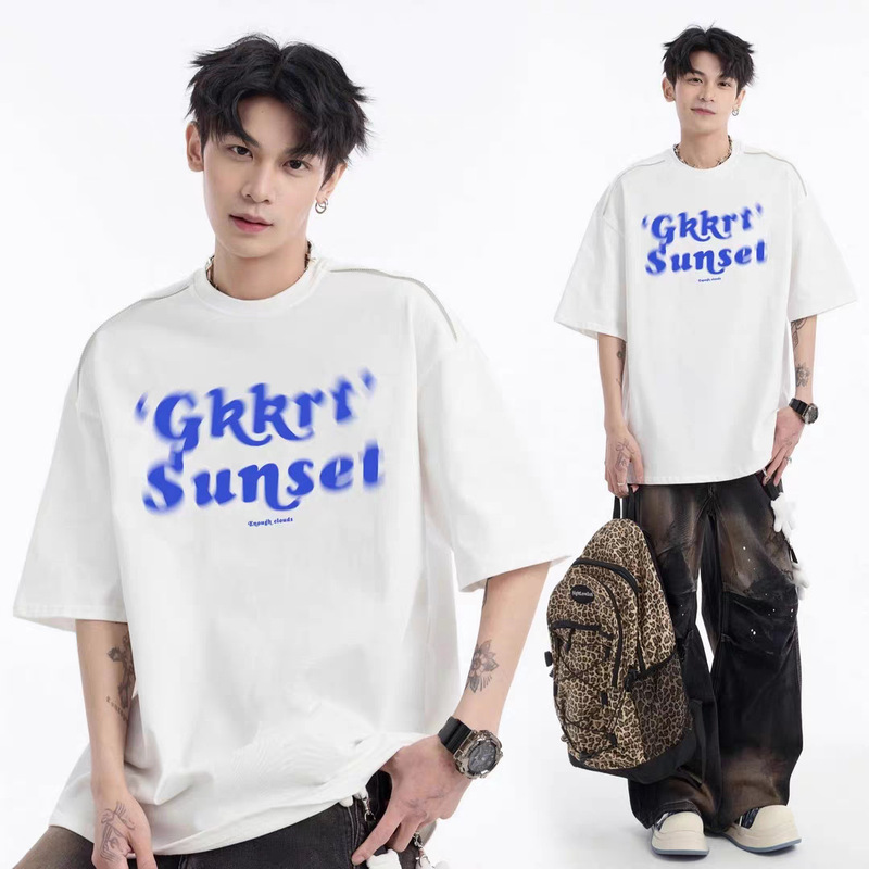 夏用ぼんやりプリント厚手320g半袖Tシャツメンズジッパーデザイン七分袖トップストレンディブランドルーズTシャツ|undefined