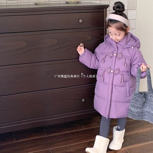 Anti-season White Duck Down Jacket for Children Girls' Mid-length Chinese-style Thickened Warm Hooded Jacket