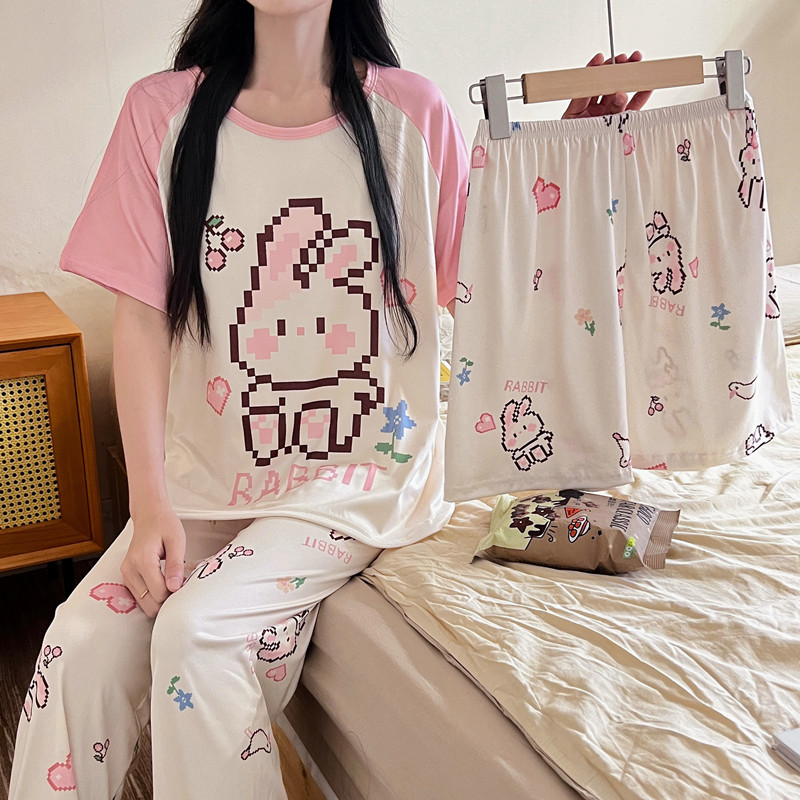 2024 verano vestido de pijama de mujer casual cómodo lindos pantalones cortos de manga corta largo conjunto de tres piezas impresión de dibujos animados ropa para el hogar