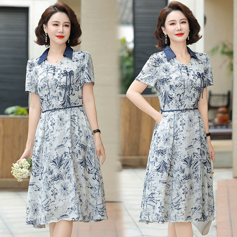 Летнее платье с цветочным принтом для мамы, модное и благородное, элегантное для женщин среднего возраста, летняя утягивающая юбка с короткими рукавами для среднего и пожилого возраста.