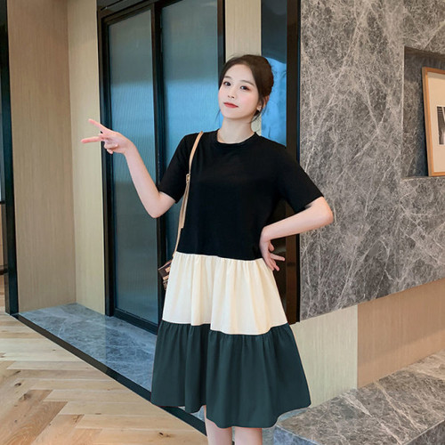 Korean-style T-shirt Dress with Colorblock Design, Loose-Fit Plus-Size Fashionable & Chic Mid-Length Skirt Over-the-Knee for Summer