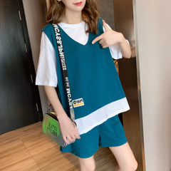 2025 カジュアルスーツ女性の夏の新しいトレンディなスポーツ韓国語バージョン偽ツーピース大きいサイズの女性のルーズツーピーススーツ
