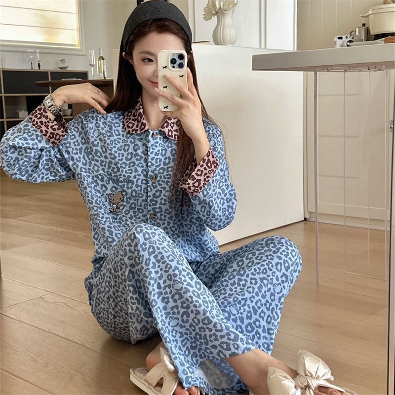 2025年春秋季豹纹小翻领开衫莱赛尔天丝棉日系宽松家居服套装女士|undefined
