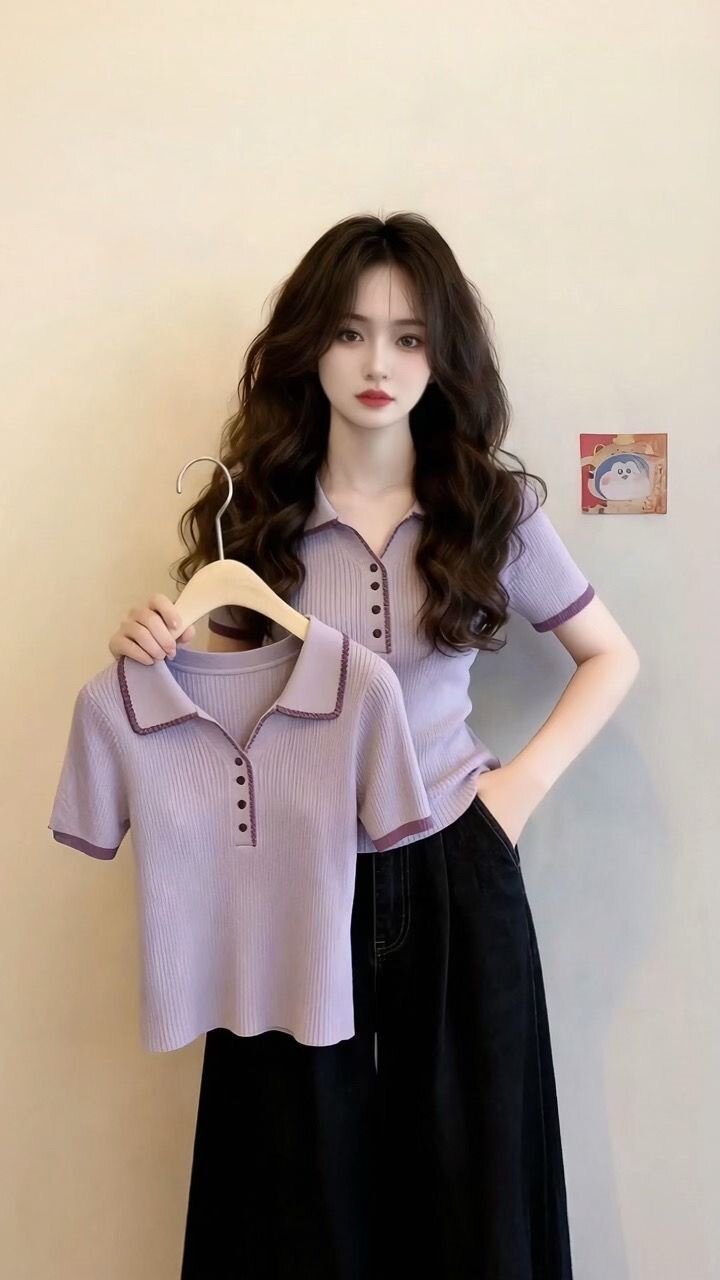 Áo thun polo nữ tay ngắn dệt kim phối màu vai thon gọn — màu tím chi tiết 1