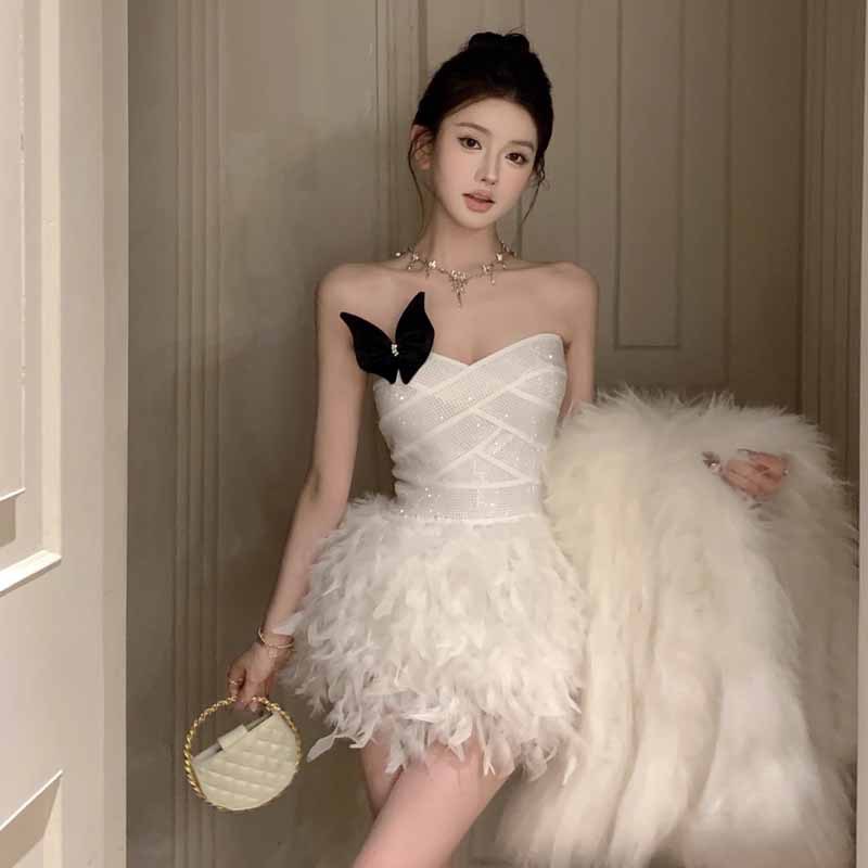 9618欧美东南亚外贸批发2023女装法式名媛抹胸拼接羽毛蓬蓬连衣裙